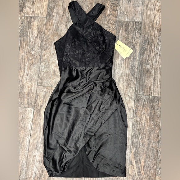 Cocktail Semi Formal Satin Black Lace Halter Dress - Picture 3 of 6